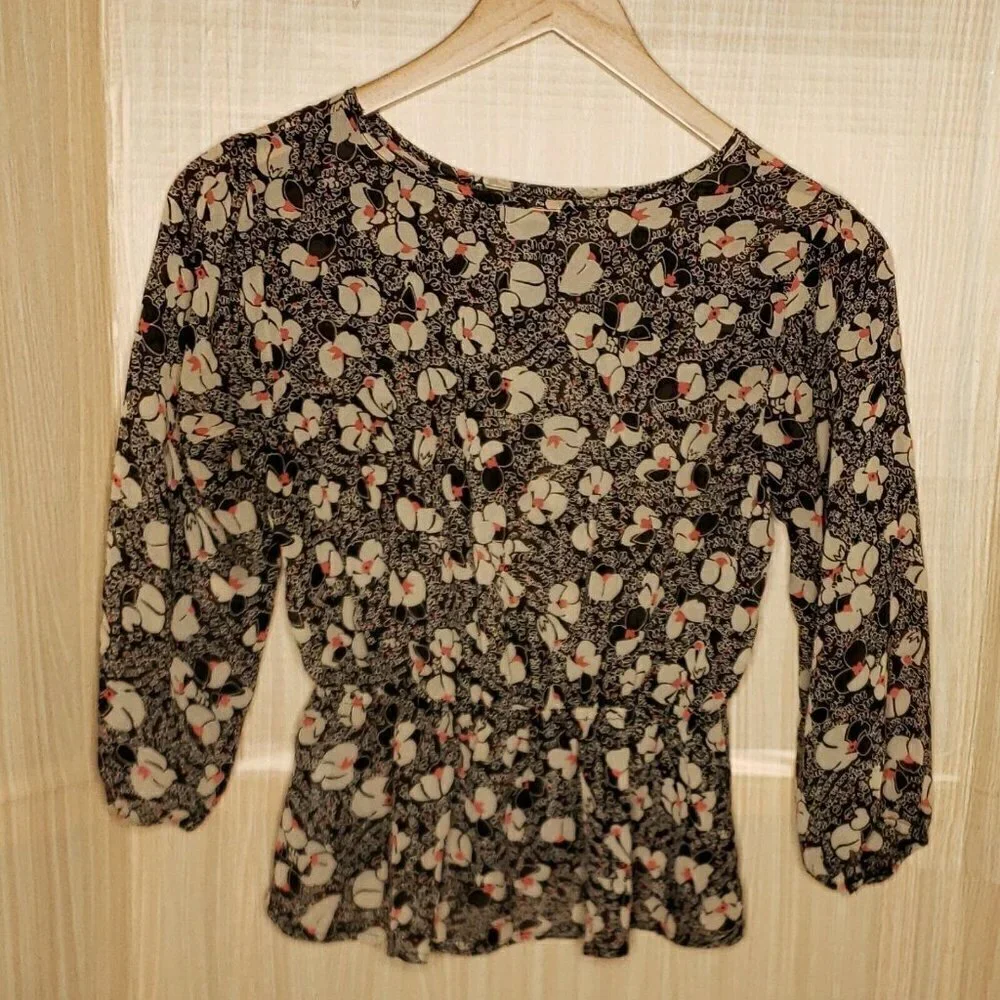 Lily Rose Womens Brown Abstract Floral Semi Sheer Blouse Small - Picture 2 of 7